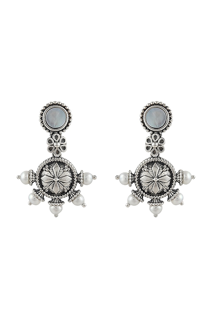 Silver Finish Oxidised Small Dangler Earrings In Sterling Silver by Rohira Jaipur