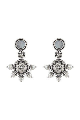 Silver Finish Oxidised Small Dangler Earrings In Sterling Silver by Rohira Jaipur