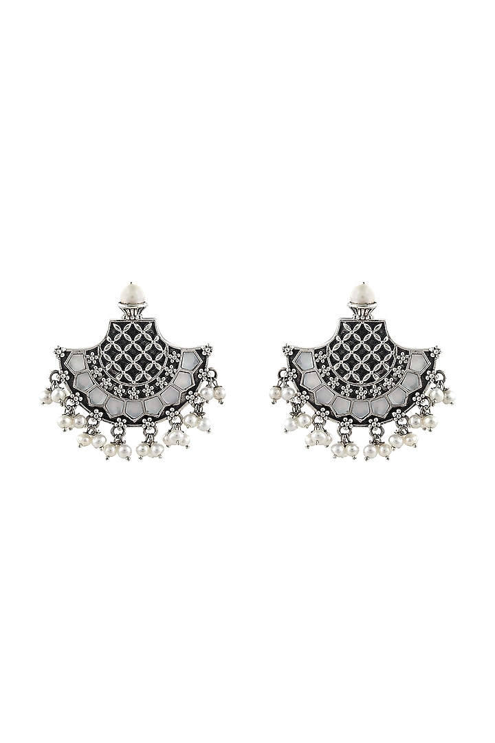 Silver Finish Oxidised Pearl Dangler Earrings In Sterling Silver by Rohira Jaipur