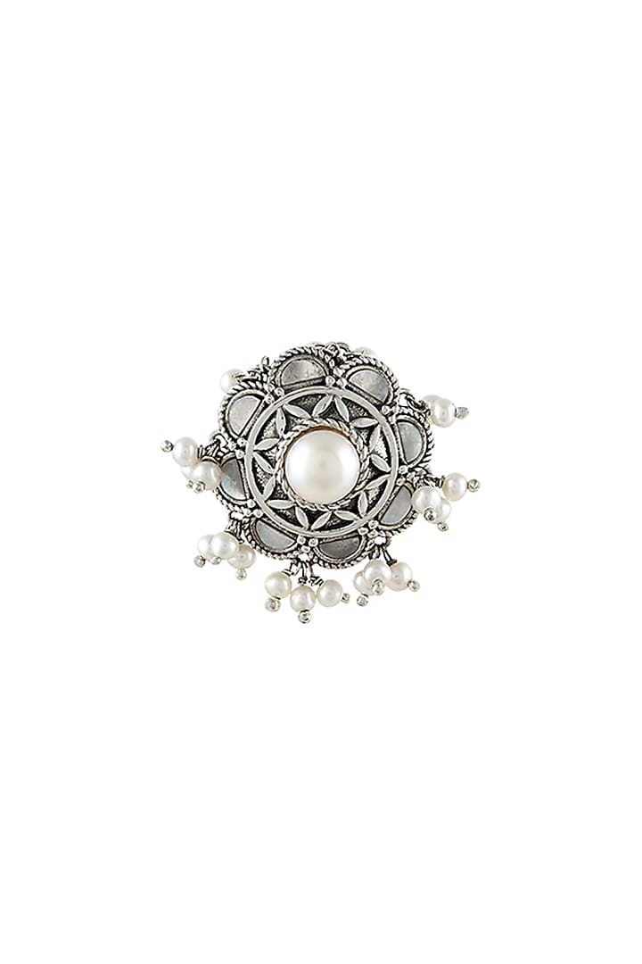 Silver Finish Oxidised Pearl Ring In Sterling Silver by Rohira Jaipur