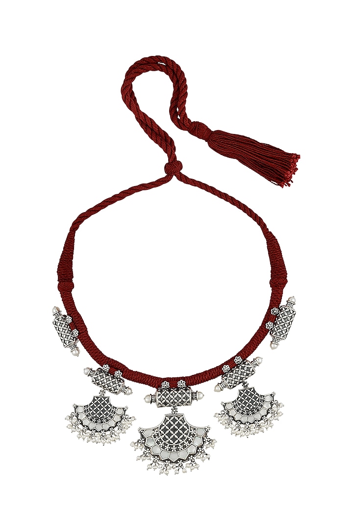 Silver Finish Pearl Oxidised Collar Necklace In Sterling Silver by Rohira Jaipur