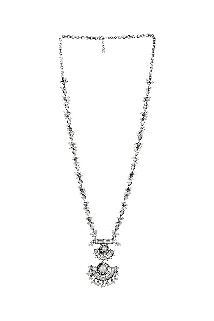 Silver Finish Oxidised Double Pendant Necklace In Sterling Silver by Rohira Jaipur