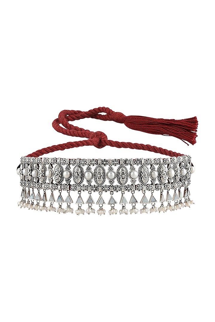 Silver Finish Pearl Oxidised Choker Necklace In Sterling Silver by Rohira Jaipur