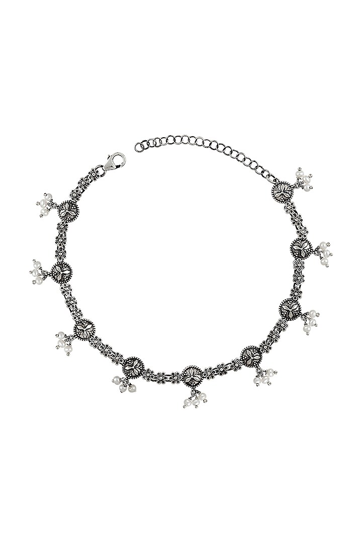 Silver Finish Oxidised Pearl Anklet In Sterling Silver by Rohira Jaipur