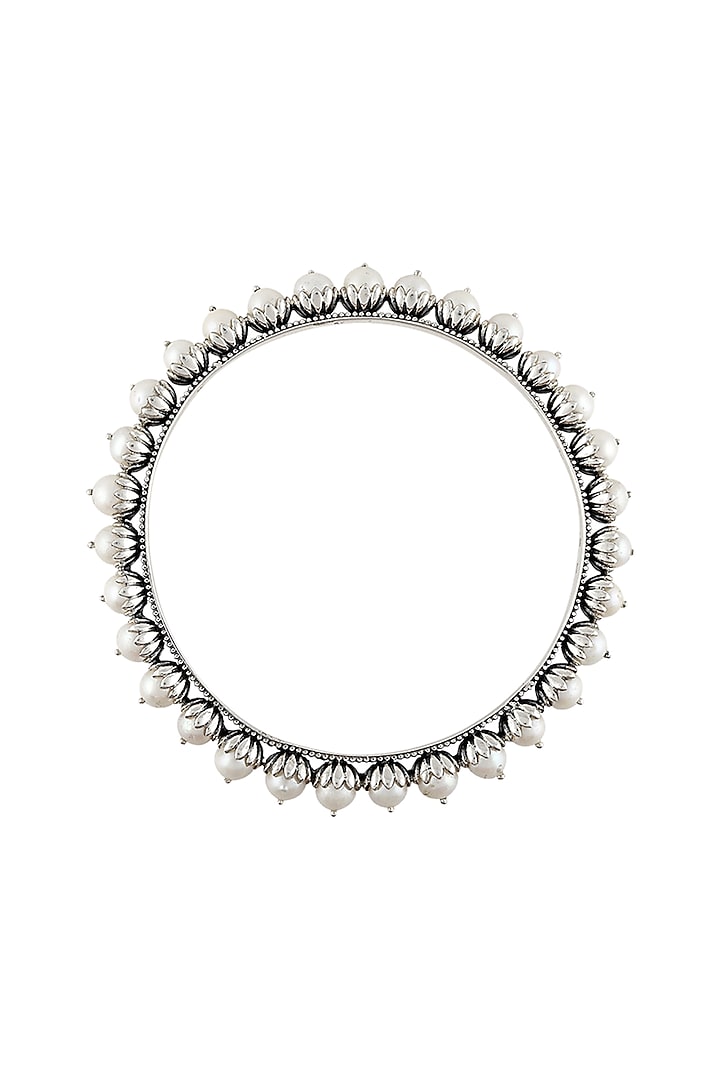 Silver Finish Oxidised Pearl Bangle In Sterling Silver by Rohira Jaipur