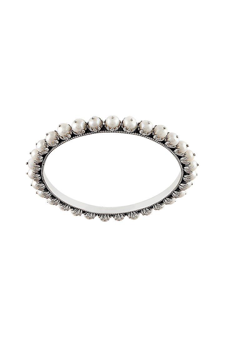 Silver Finish Oxidised Pearl Bangle In Sterling Silver by Rohira Jaipur at Pernia's Pop Up Shop