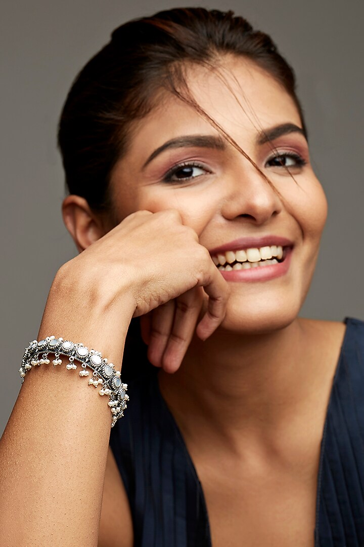 Silver Finish Oxidised Motifs Bangle In Sterling Silver by Rohira Jaipur at Pernia's Pop Up Shop