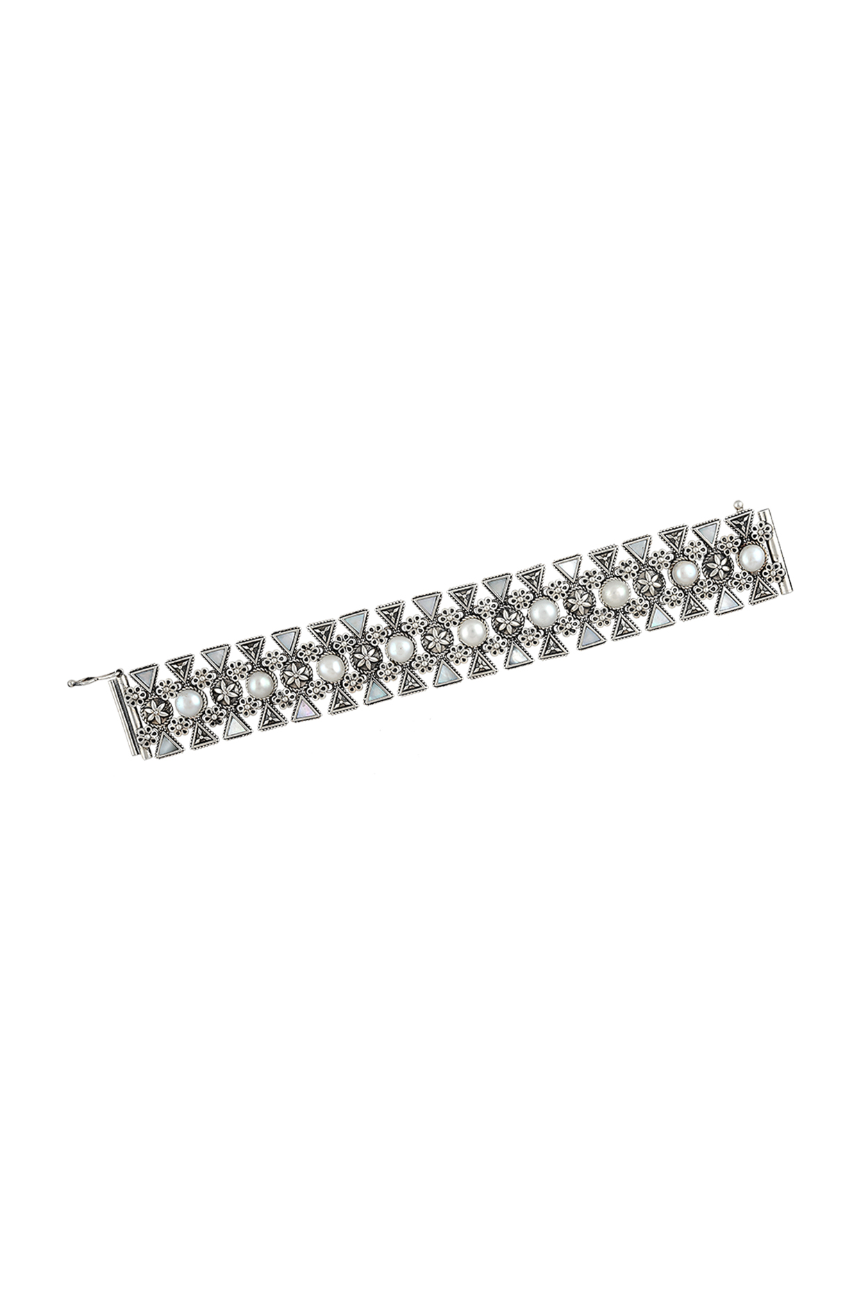 Silver Finish Oxidised Floral Motifs Bracelet In Sterling Silver by Rohira Jaipur