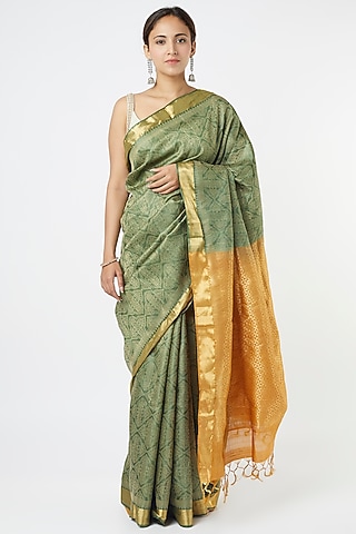 Green Handwoven Silk Saree by Resham