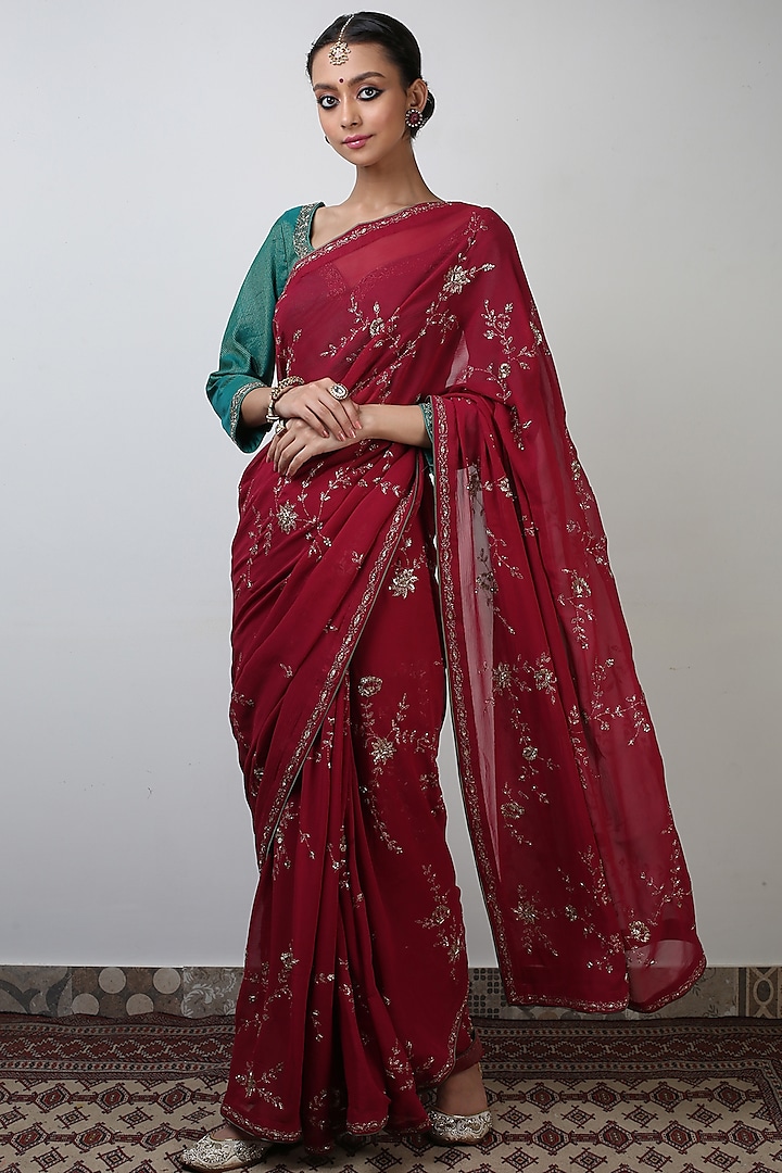 Cranberry Red Embroidered Saree Set by Rhua