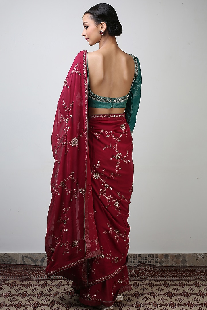 Cranberry Red Embroidered Wedding Saree Set by Rhua at Pernia's Pop Up Shop