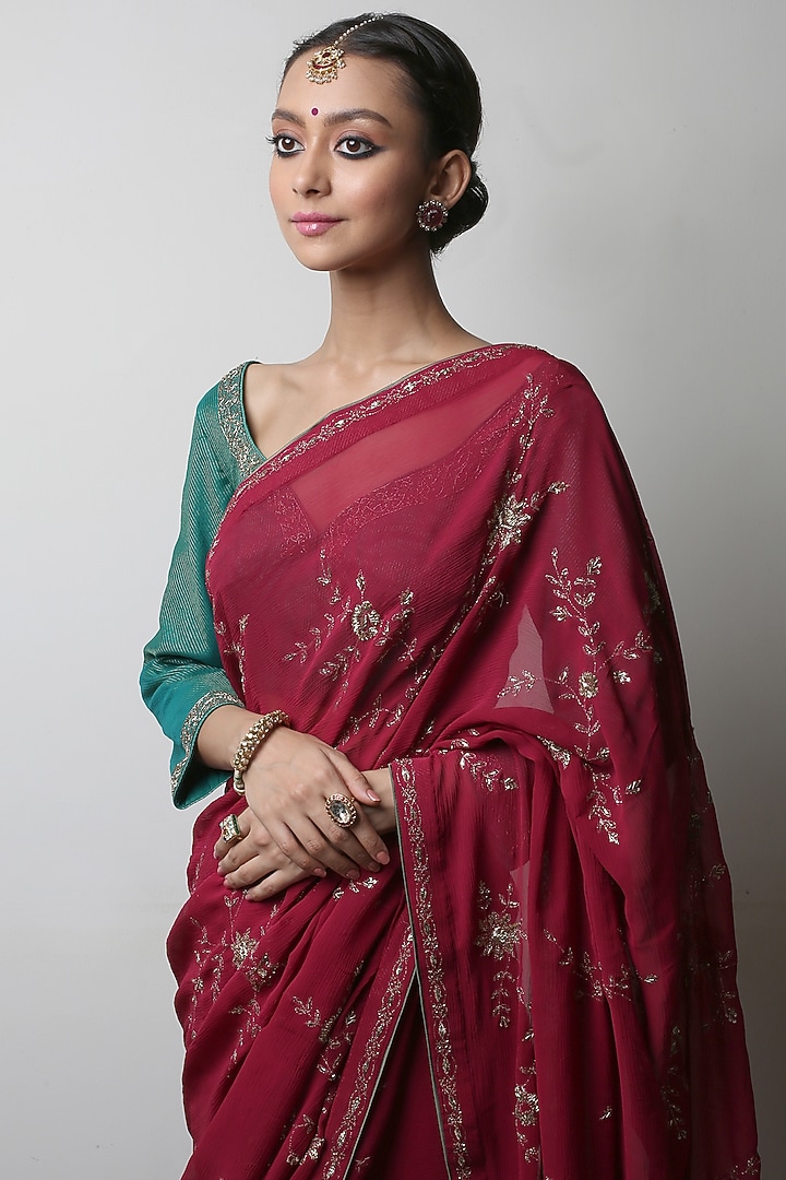 Cranberry Red Embroidered Wedding Saree Set by Rhua at Pernia's Pop Up Shop