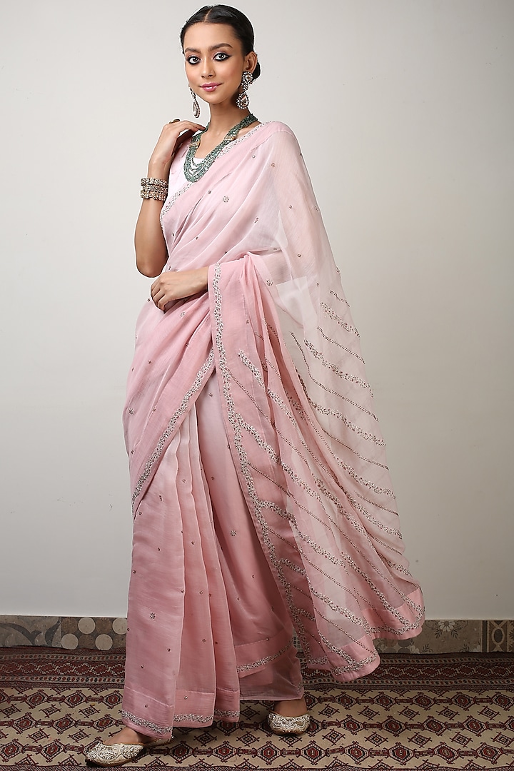 Light Pink Ombre Embroidered Saree Set by Rhua