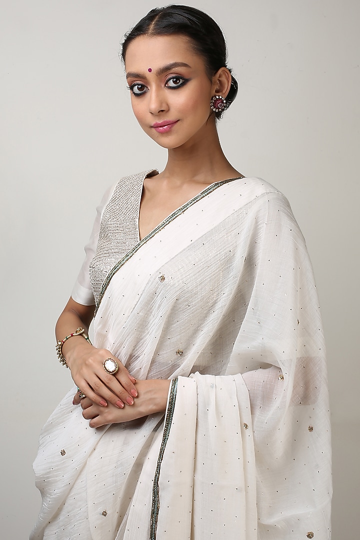 White Chanderi Wedding Saree Set by Rhua at Pernia's Pop Up Shop
