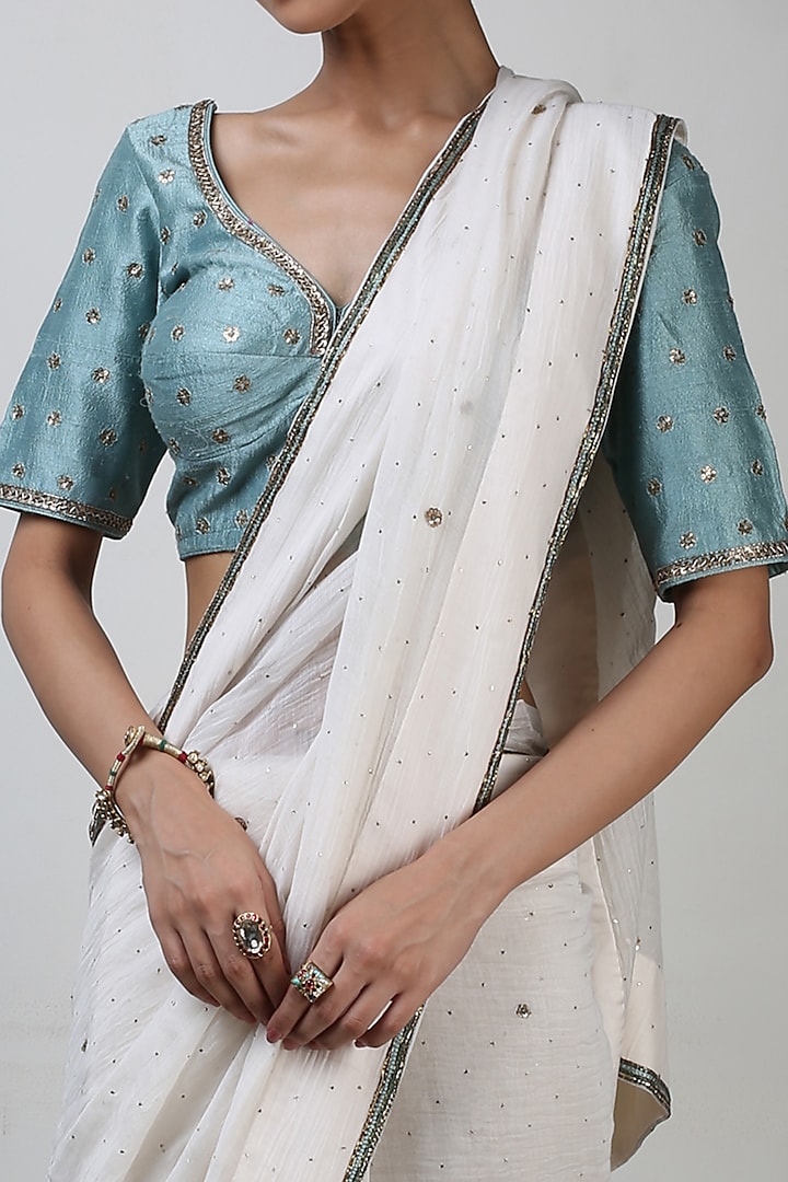 White Chanderi Party Wear Saree Set by Rhua at Pernia's Pop Up Shop