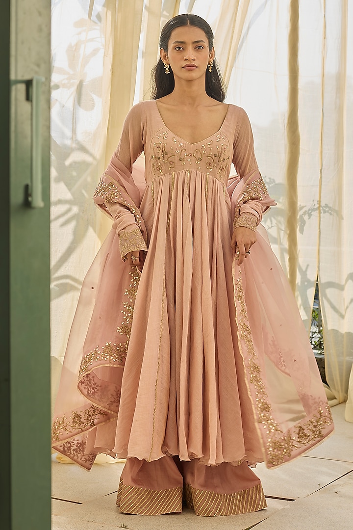 Soft Pink Tissue Chanderi Wedding Anarkali Set by Rhua at Pernia's Pop Up Shop