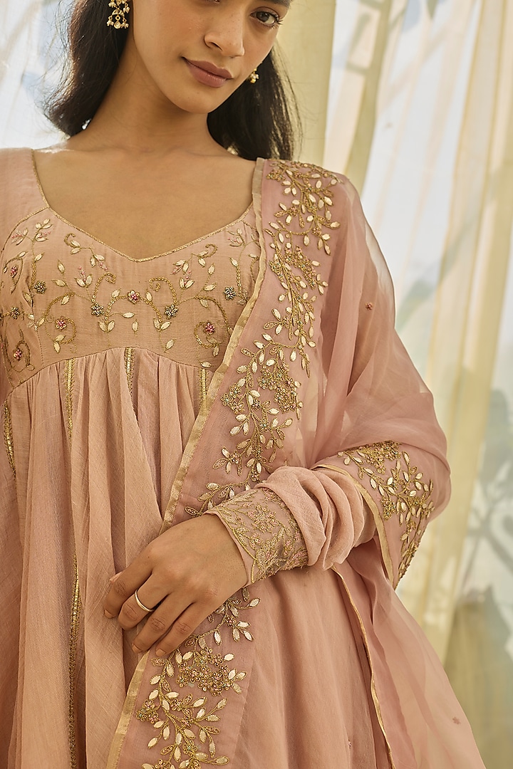 Soft Pink Tissue Chanderi Wedding Anarkali Set by Rhua at Pernia's Pop Up Shop