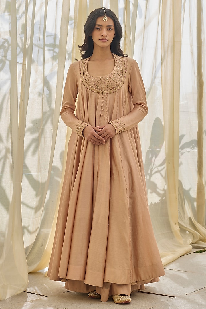 Soft Salmon Pink Chanderi Silk Party Wear Anarkali Set by Rhua at Pernia's Pop Up Shop