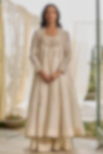 Moon White Chanderi Silk Party Wear Anarkali Set by Rhua at Pernia's Pop Up Shop