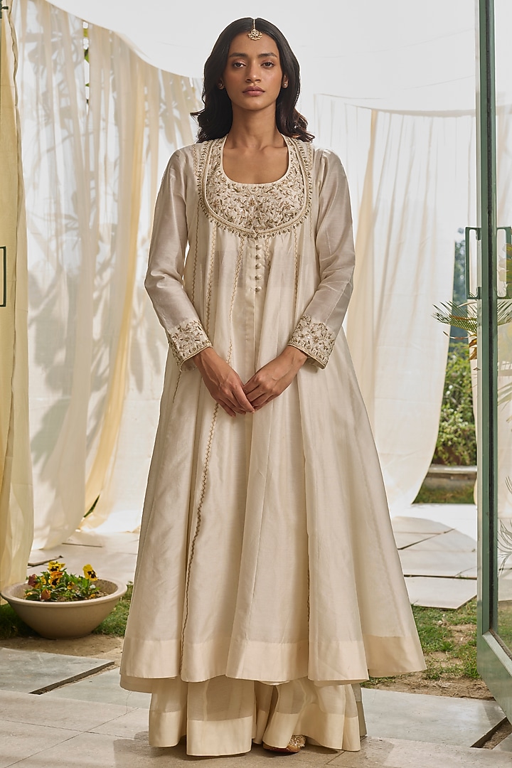 Moon White Chanderi Silk Party Wear Anarkali Set by Rhua at Pernia's Pop Up Shop
