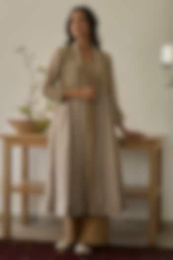 Almond Beige Crushed Silk Embroidered Jacket Set by Rhua at Pernia's Pop Up Shop