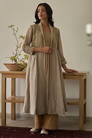 Almond Beige Crushed Silk Embroidered Jacket Set by Rhua