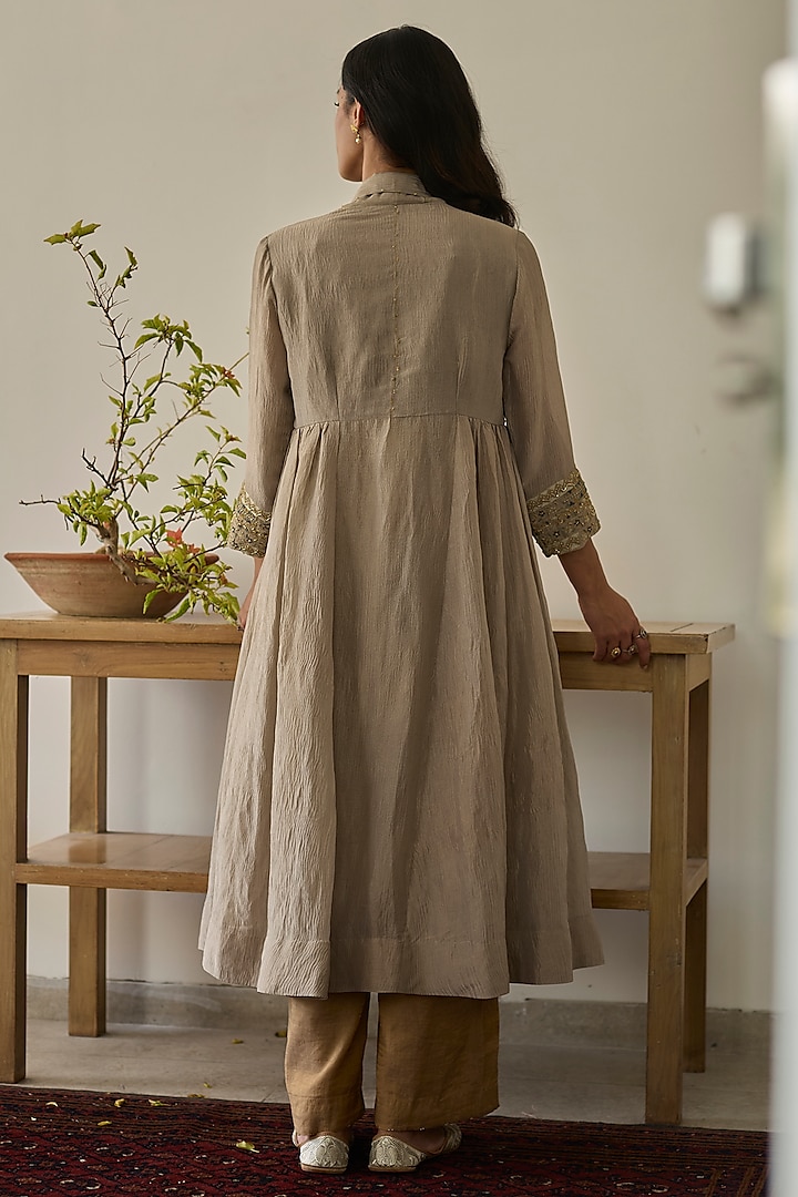 Almond Beige Crushed Silk Embroidered Jacket Set by Rhua at Pernia's Pop Up Shop
