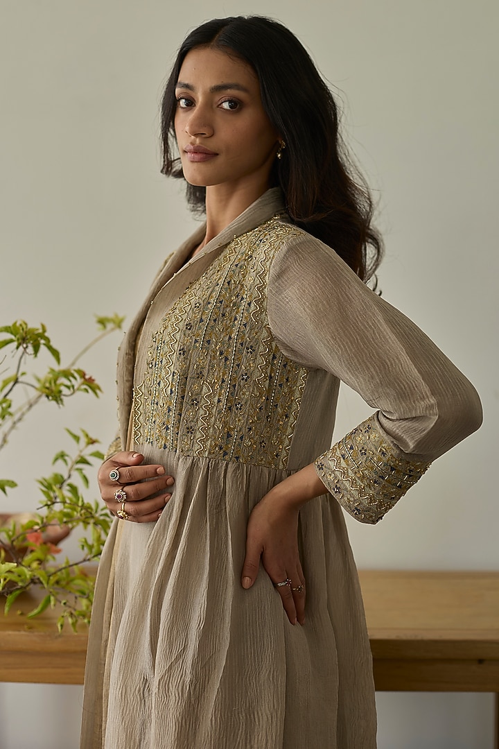 Almond Beige Crushed Silk Embroidered Jacket Set by Rhua at Pernia's Pop Up Shop