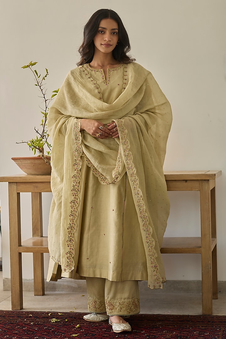 Soft Green Chanderi Silk Kalidar Kurta Set by Rhua at Pernia's Pop Up Shop