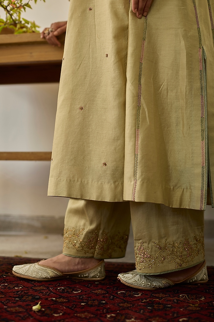 Soft Green Chanderi Silk Kalidar Kurta Set by Rhua at Pernia's Pop Up Shop
