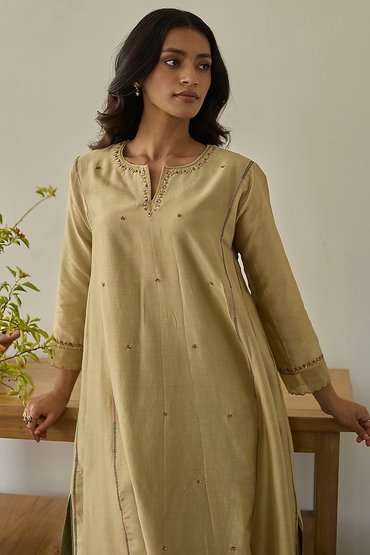 Soft Green Chanderi Silk Kalidar Kurta Set by Rhua at Pernia's Pop Up Shop