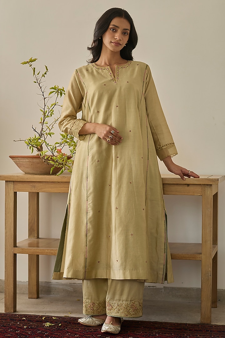Soft Green Chanderi Silk Kalidar Kurta Set by Rhua at Pernia's Pop Up Shop