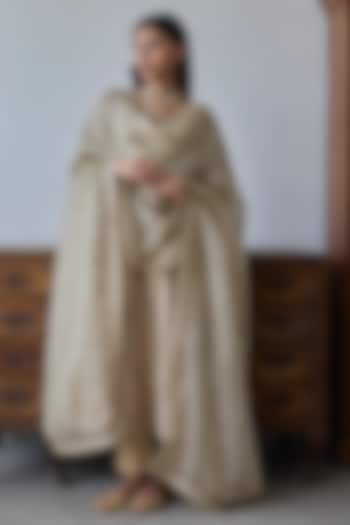 Almond Beige Chanderi Silk Party Wear Anarkali Set by Rhua at Pernia's Pop Up Shop