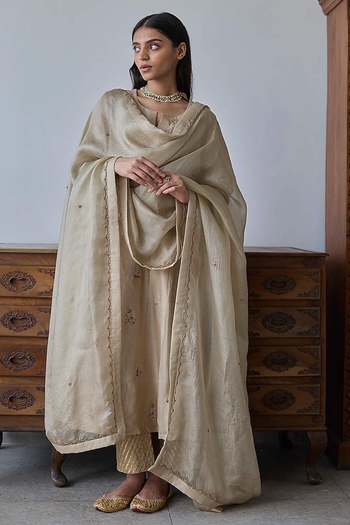 Almond Beige Chanderi Silk Party Wear Anarkali Set by Rhua at Pernia's Pop Up Shop