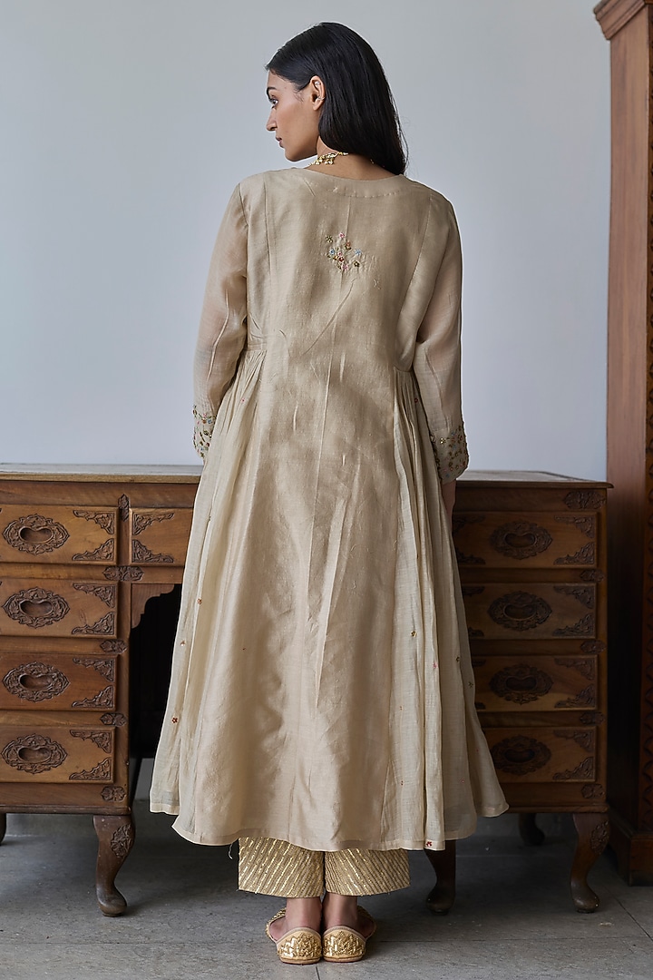 Almond Beige Chanderi Silk Party Wear Anarkali Set by Rhua at Pernia's Pop Up Shop
