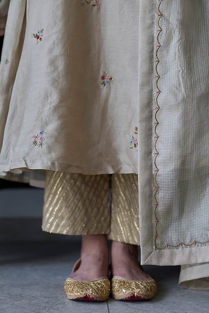 Almond Beige Chanderi Silk Party Wear Anarkali Set by Rhua at Pernia's Pop Up Shop