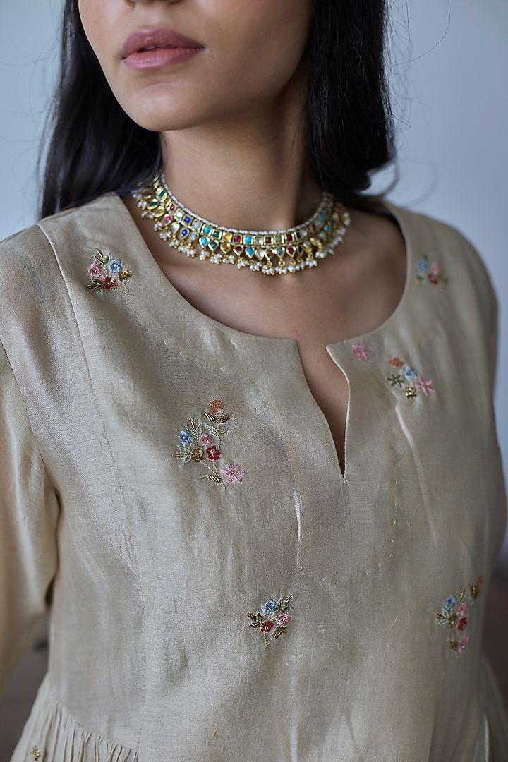 Almond Beige Chanderi Silk Party Wear Anarkali Set by Rhua at Pernia's Pop Up Shop