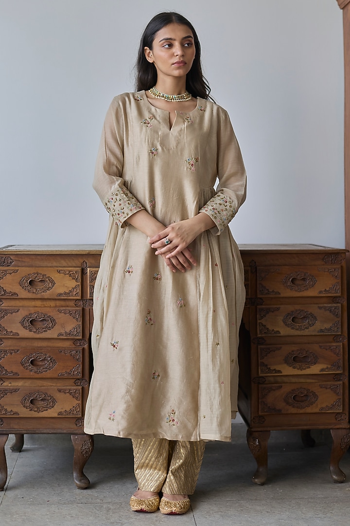 Almond Beige Chanderi Silk Party Wear Anarkali Set by Rhua at Pernia's Pop Up Shop