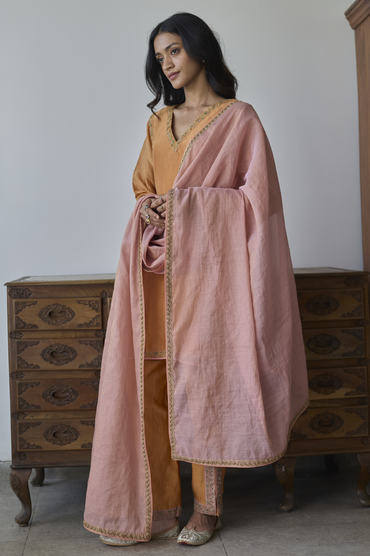 Mustard-Orange Crushed Chanderi Tissue Kurta Set by Rhua at Pernia's Pop Up Shop