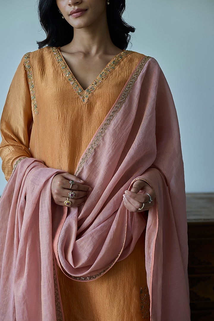 Mustard-Orange Crushed Chanderi Tissue Kurta Set by Rhua at Pernia's Pop Up Shop