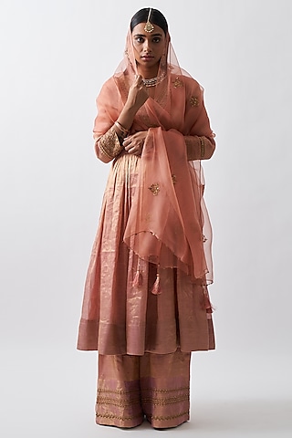 Peach Tissue Chanderi Anarkali Set by Rhua