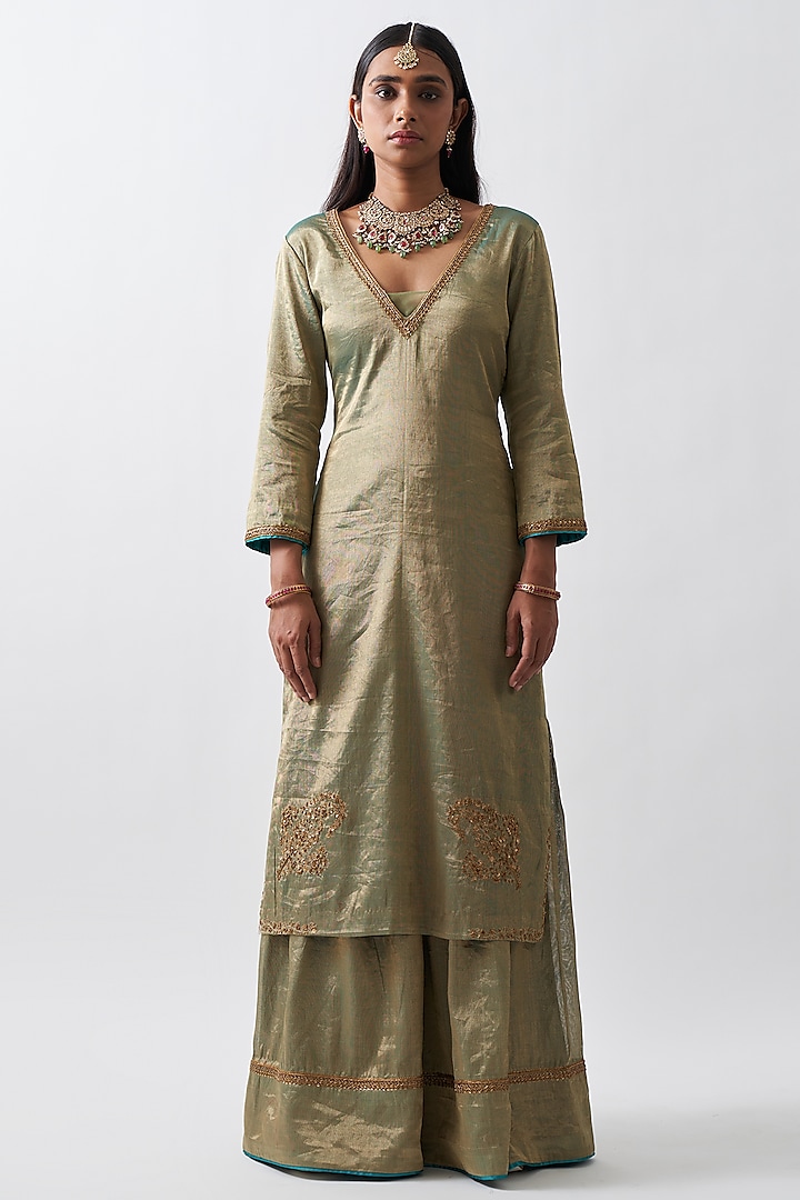 Pistachio Green Tissue Chanderi Sharara Set by Rhua at Pernia's Pop Up Shop