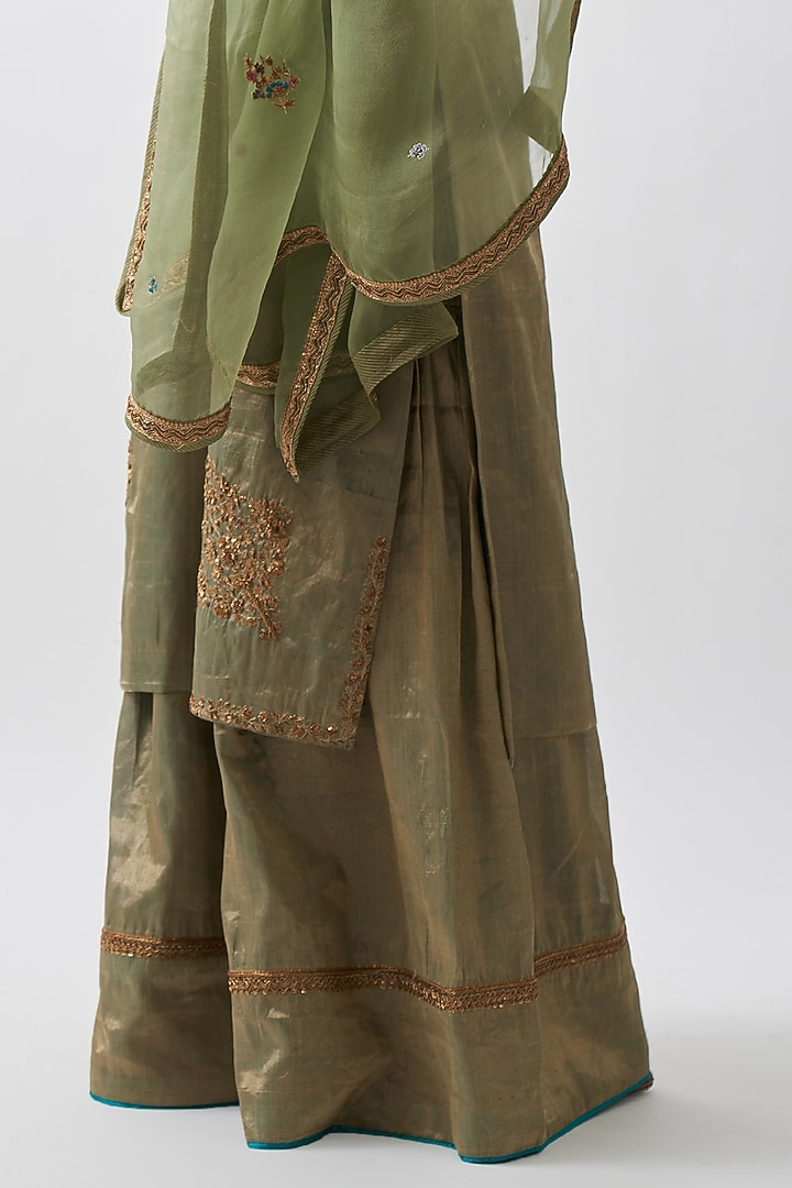 Pistachio Green Tissue Chanderi Wedding Sharara Set by Rhua at Pernia's Pop Up Shop