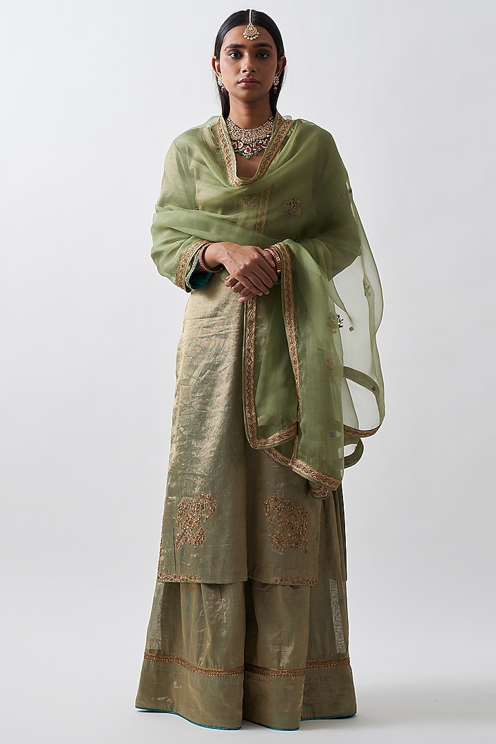 Pistachio Green Tissue Chanderi Wedding Sharara Set by Rhua at Pernia's Pop Up Shop
