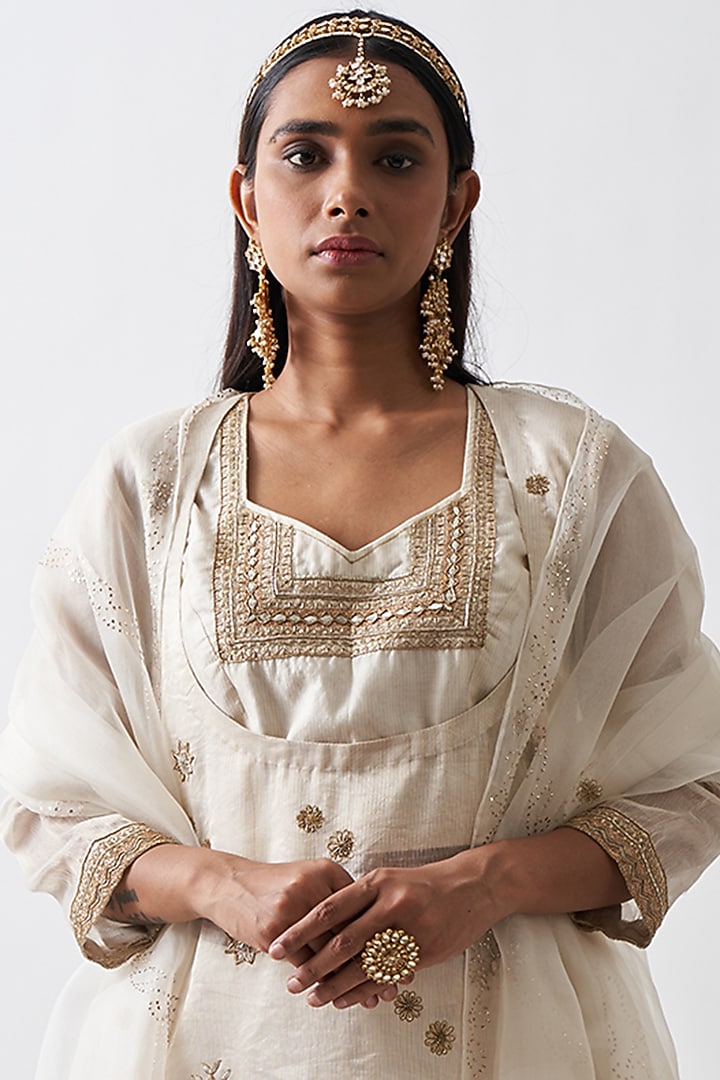 Off-White Chanderi Mul Wedding Sharara Set by Rhua at Pernia's Pop Up Shop