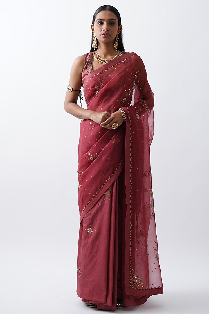 Deep Red Chanderi Saree Set by Rhua