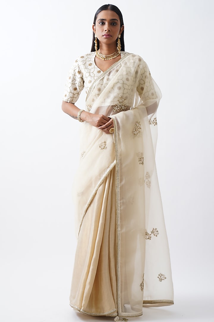 Gold Banarasi Georgette Saree Set by Rhua
