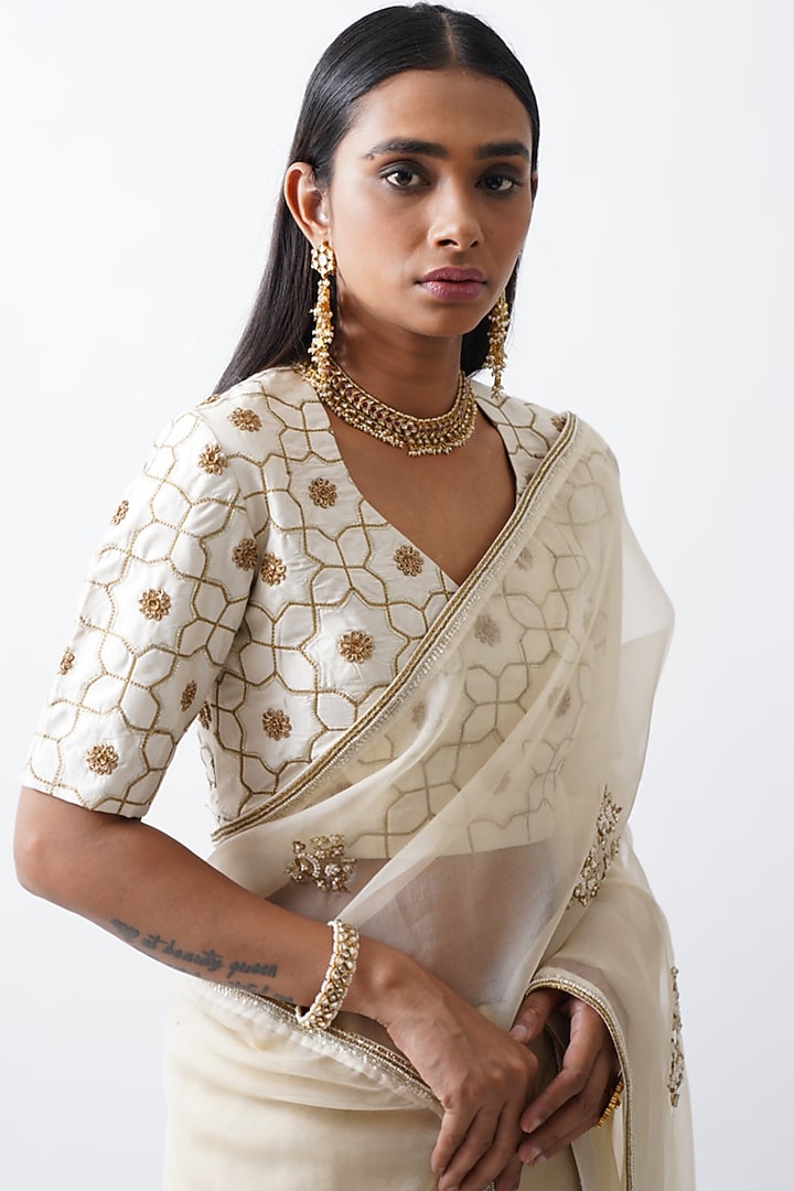 Gold Banarasi Georgette Wedding Saree Set by Rhua at Pernia's Pop Up Shop