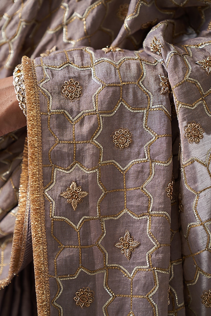 Mauve Tissue Chanderi Zardosi Embroiderd Wedding Saree Set by Rhua at Pernia's Pop Up Shop