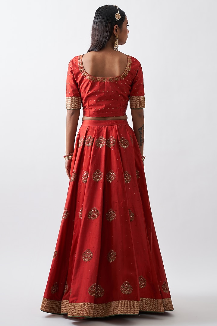 Red Silk & Organza Wedding Lehenga Set by Rhua at Pernia's Pop Up Shop